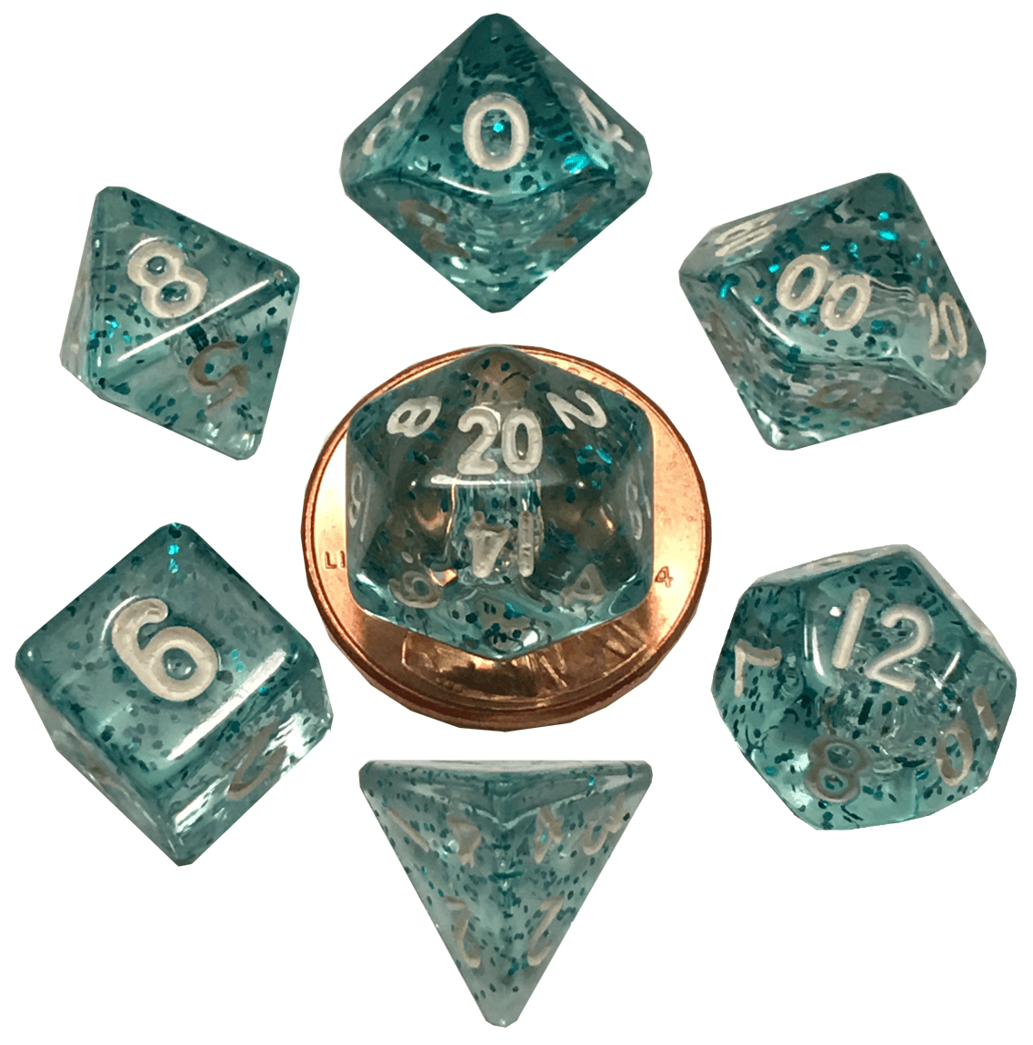 10mm Mini Acrylic Polyhedral Set -Purple/Teal w/Blue Numbers 4172