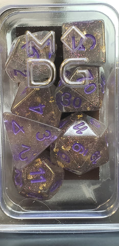 Polyhedral Dice Set 16mm Gray with Gold Foil Purple Numbers (619)