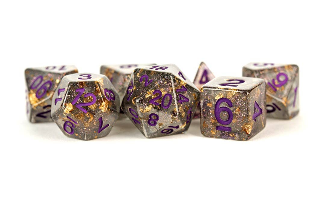Grey w/gold foil and Purple Numbers -16mm Resin Polyhedral Set
