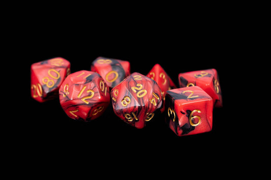 16mm Acrylic Dice Set - Red and Black with Gold Numbers (113)