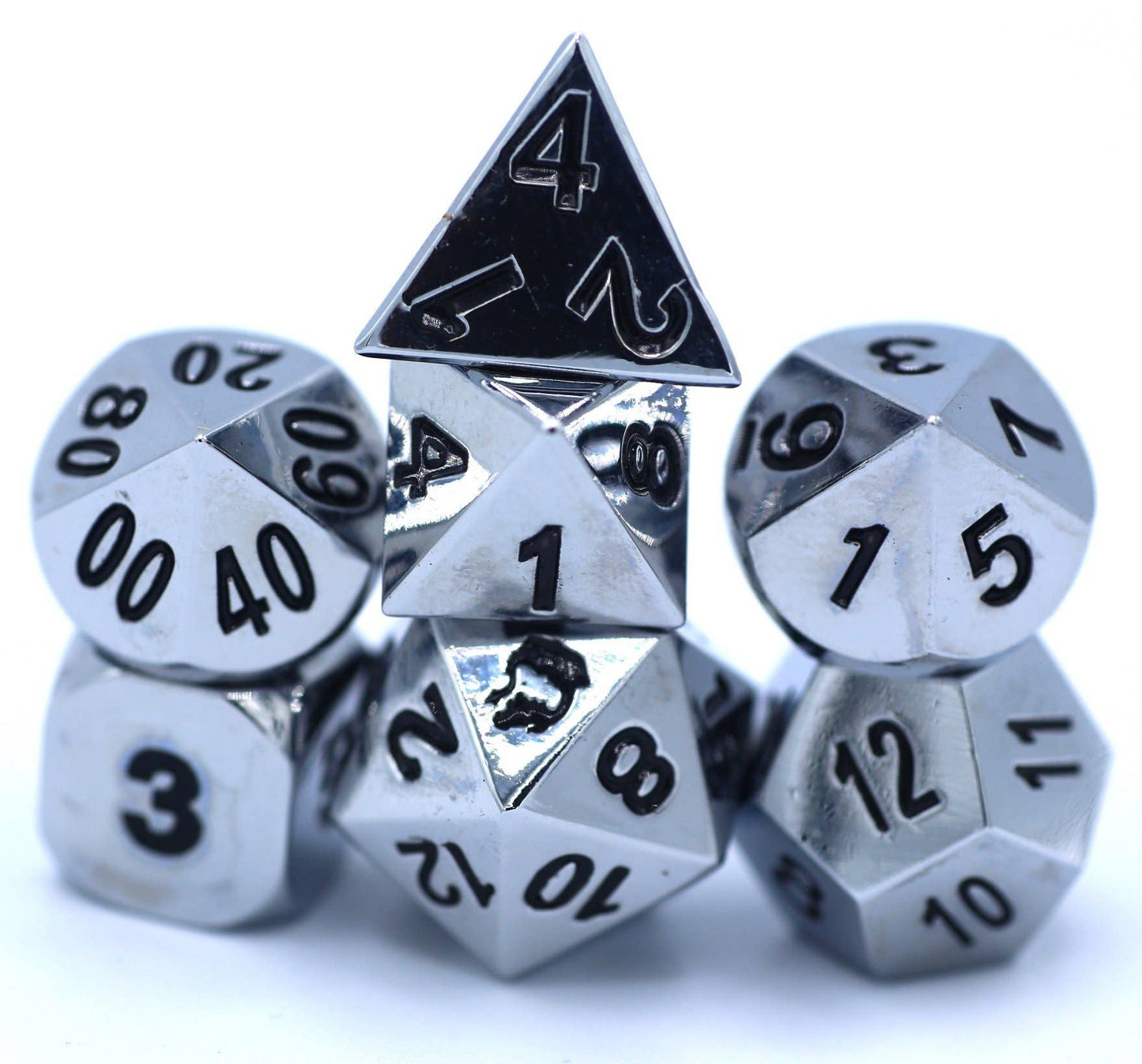 BRH038 Shiny Silver with Black Numbers Basic Dragon Solid Metal Dice set