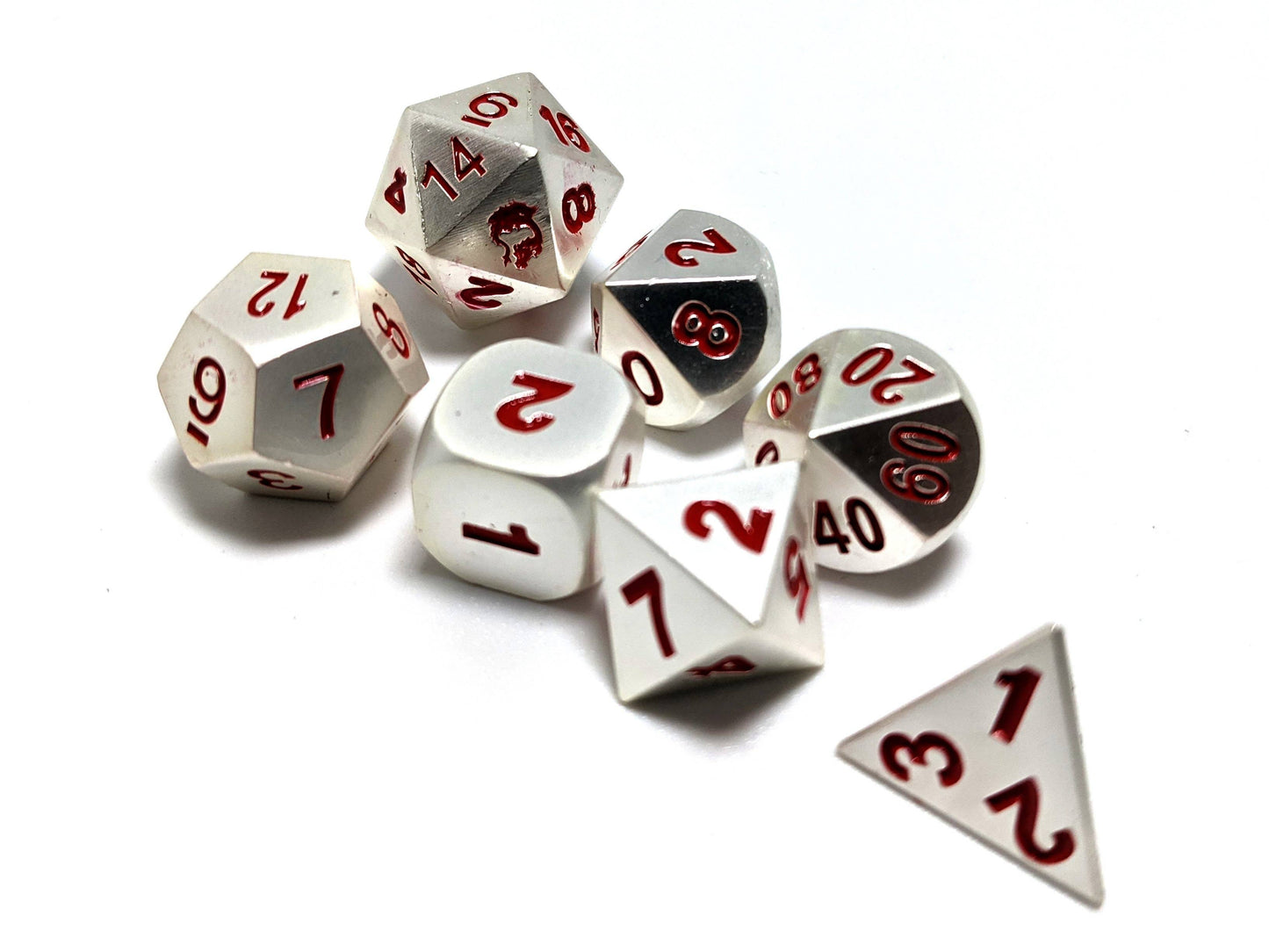 BRH033 Matte Silver with Red Numbers Basic Dragon Solid Metal Dice