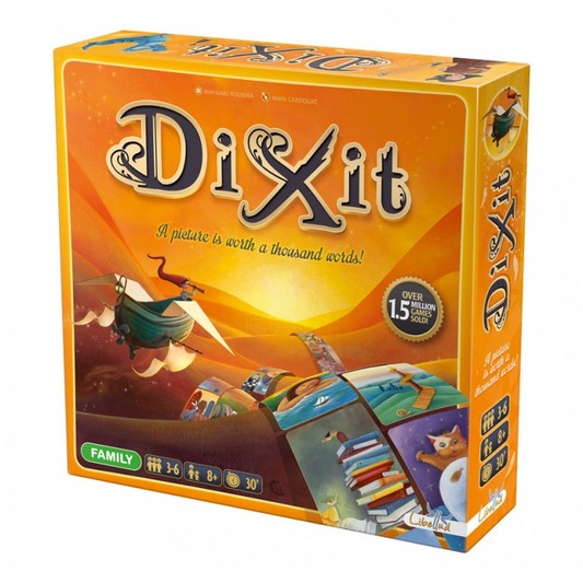 Dixit Board Game  is the classic, simple, lighthearted game of storytelling and guesswork where your imagination unlocks the tale.  At SydeQuest Games.