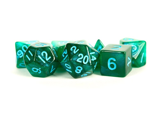 Stardust Acrylic Polyhedral Dice Set Green w/Blue Numbers 178